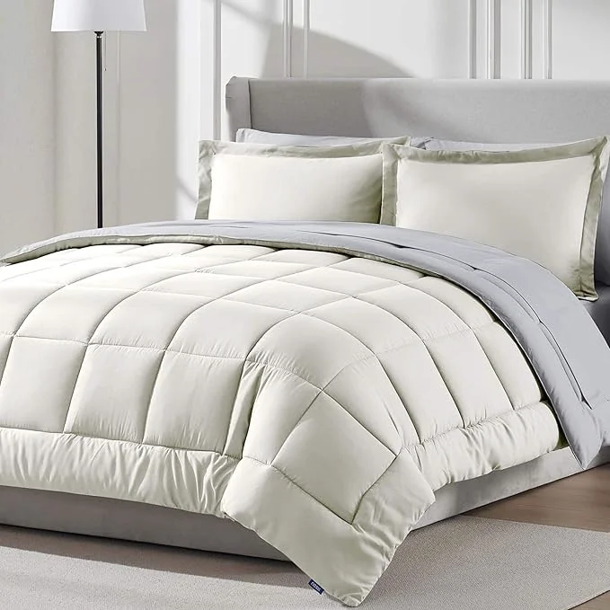World-Class Nestl 7 Piece Full Comforter Set – Off White Reversible Bed in a Bag – Complete Full Size Bedding Set with Sheets Pillowcases and Shams Breathable
