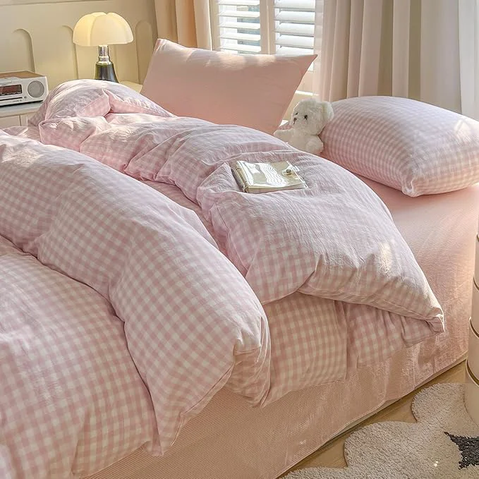 Long-Lasting VM VOUGEMARKET Pink Girls Gingham Comforter Set Twin XL Pink White Plaid Down Comforter with 2 Pillowcases Modern Cozy Bedding Quilt Set for Dorm Room 68 quot x90 quot Consistent