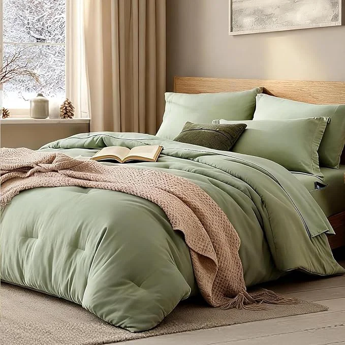 Functional WRENSONGE California King Size Comforter Set- 7 Pieces Sage Green Bed in a Bag with Comforter Fitted Sheet Flat Sheet 2 Pillow Shams 2 Pillowcases Warm Bedding Sets for All Season Authentic