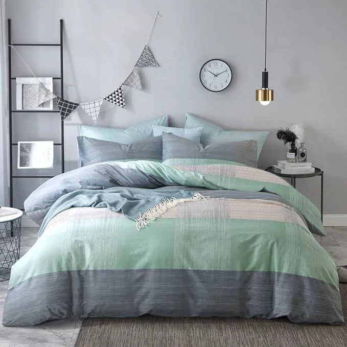 High-Quality VM VOUGEMARKET Blue Green Comforter Set Queen Patchwork Geometric Comforter with 2 Pillowcases Simple Modern Bedding Set Bed in a Bag All Season Queen Comforter Set for Teens Adults Efficient