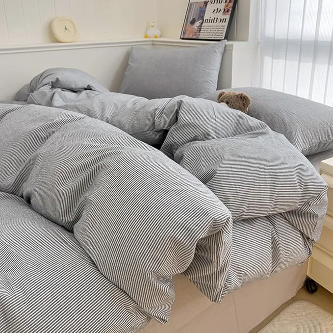 Fine Crafted VM VOUGEMARKET Gray Striped Comforter Set Full 3 Pieces Washed Cotton Pinstripes Comforter with 2 Pillowcases for Teen Boys Men Simple Modern Bedding Set 80 quot x90 quot Verified