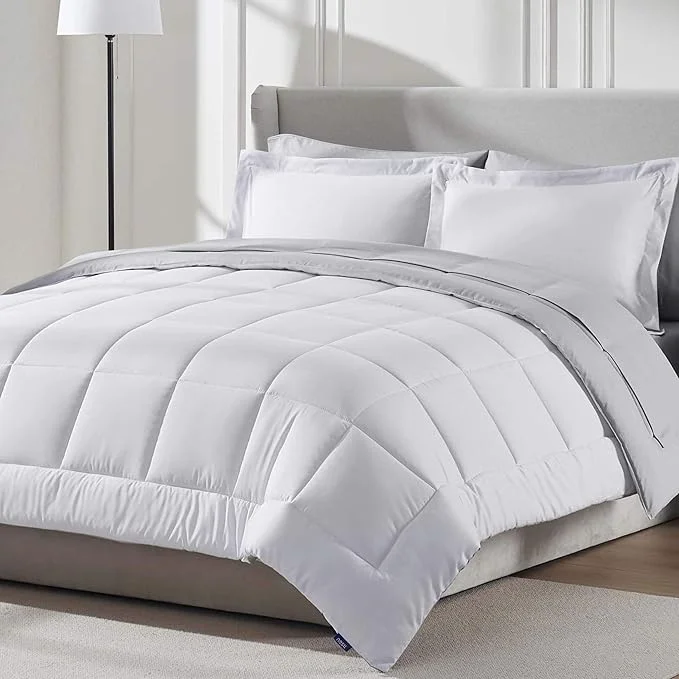 Exceptional Nestl 7 Piece Queen Comforter Set – White Reversible Bed in a Bag – Complete Queen Size Bedding Set with Sheets Pillowcases and Shams Solid