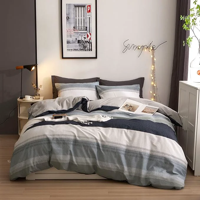 Breathable VM VOUGEMARKET Modern Comforter Set Twin Gray Blue Stripes Bedding Comforter with 2 Pillowcases Modern Style Lightweight Soft Twin Comforter Set for Boys Official