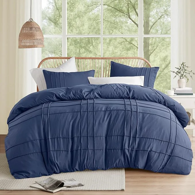 Relaxed Comfort Spaces Navy Queen Size Comforter Set - 3 Pieces Pintuck Pleated Bedding Sets All Season Lightweight Extra Softness Pre-Washed Microfiber Queen Bed Set Shams Queen Exclusive