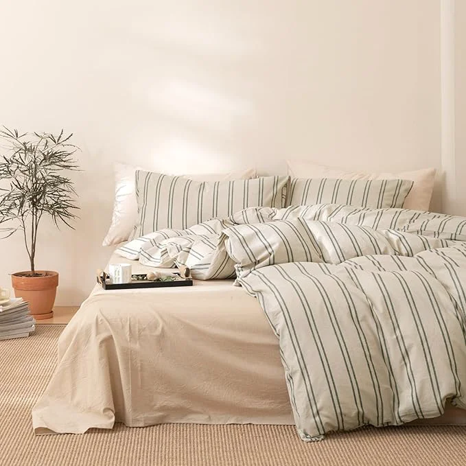 Premium VM VOUGEMARKET Greyish-Green Striped Comforter Set Queen Modern Comforter with 2 Pillowcases Soft Lightweight Washed Cotton Bedding Set Bed in a Bag Queen Comforter Set for Teens Adults Fast