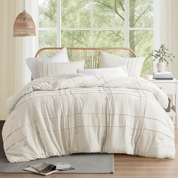 Quality Comfort Spaces Cream King Size Comforter Set - 3 Pieces Pintuck Pleated Bedding Sets All Season Lightweight Extra Softness Pre-Washed Microfiber King Bed Set Shams Original Design