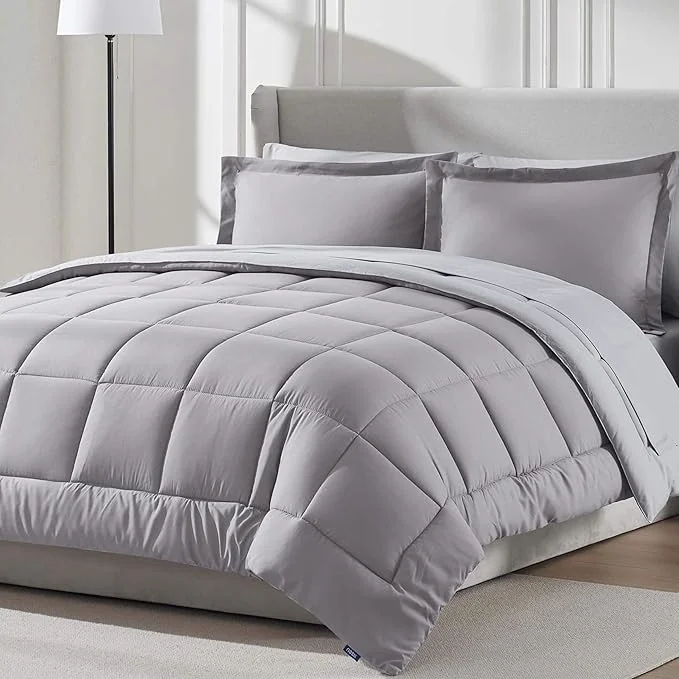 Consistent Nestl 7 Piece King Comforter Set – Grey Lavender Reversible Bed in a Bag – Complete King Size Bedding Set with Sheets Pillowcases and Shams Relaxed