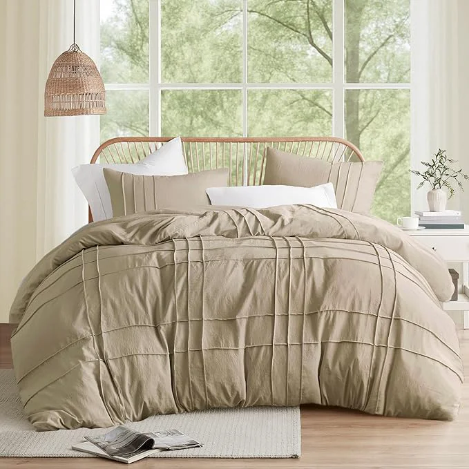 Enhanced Comfort Spaces Khaki King Size Comforter Set - 3 Pieces Pintuck Pleated Bedding Sets All Season Lightweight Extra Softness Pre-Washed Microfiber King Bed Set Shams King Convenient