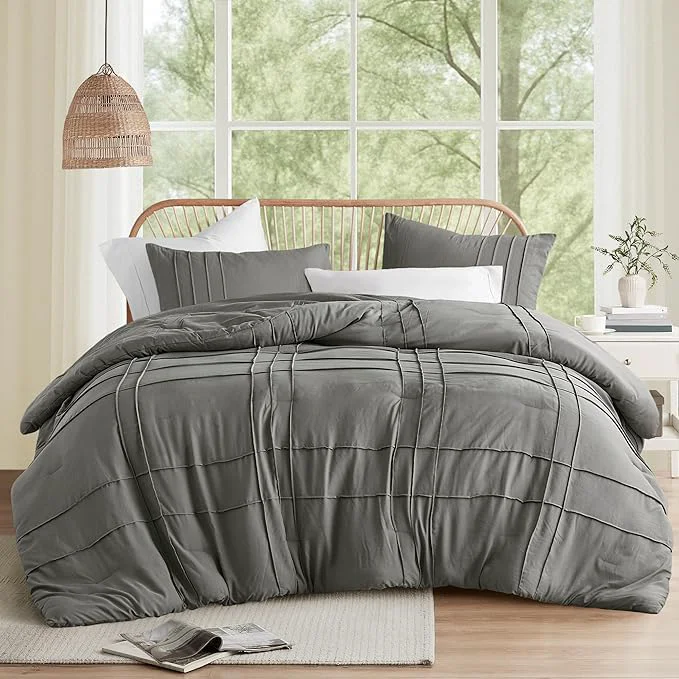 Eco-Friendly Comfort Spaces Grey King Size Comforter Set - 3 Pieces Pintuck Pleated Bedding Sets All Season Lightweight Extra Softness Pre-Washed Microfiber Bed Set Shams Solid