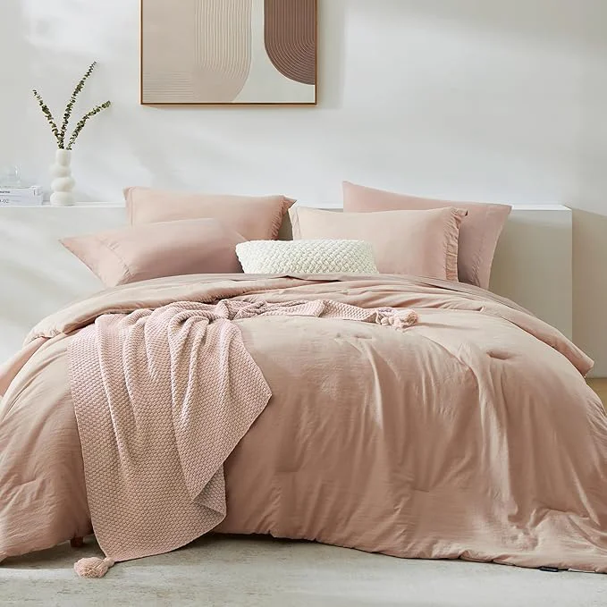 Elite WRENSONGE Queen Comforter Set - 7 Pieces Clay Pink Soft Bed in a Bag Queen with Fitted Sheet Flat Sheet 2 Pillow Shams and 2 Pillowcases- Warm Bedding Sets for All Season Detailed