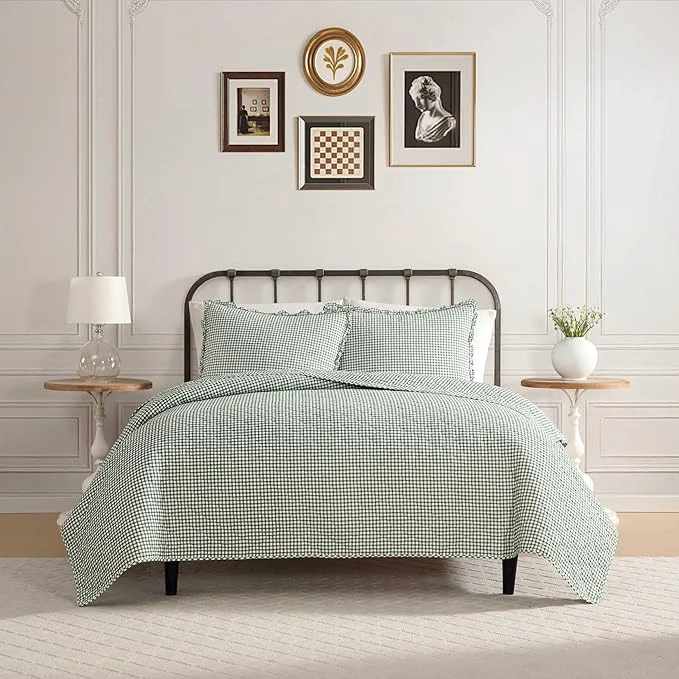 Trusted Laura Ashley - Full Queen Quilt Set Pre-Washed Cotton Bedding with Matching Sham Lightweight for Year Round Use Oeko-Tex Gracies Gingham Green Functional