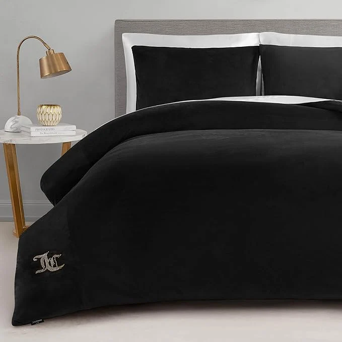 Detailed Juicy Couture Black Velour Twin Twin XL Comforter Set - 2 Piece Luxury Bedding Ensemble Lightweight