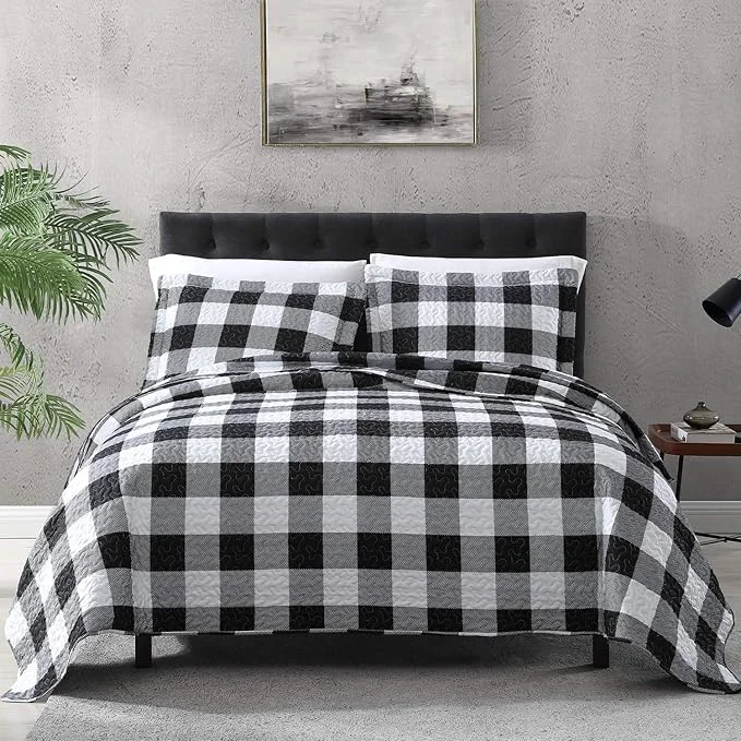 Advanced EXQ Home Quilt Set Twin Size 2 Piece Lightweight Microfiber Coverlet Modern Style Black and White Squares Pattern Bedspread Set 1 Quilt 1 Pillow Sham Carefully Designed