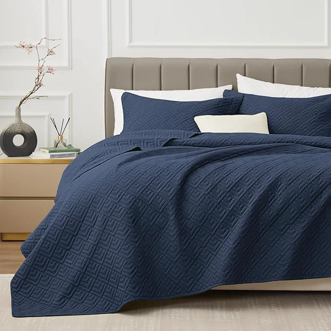Convenient EXQ Home Quilt Set Twin Size Navy 2 Piece Lightweight Soft Coverlet Modern Style Squares Pattern Bedspread Set for All Season 1 Quilt 1 Pillow Shams Fashionable