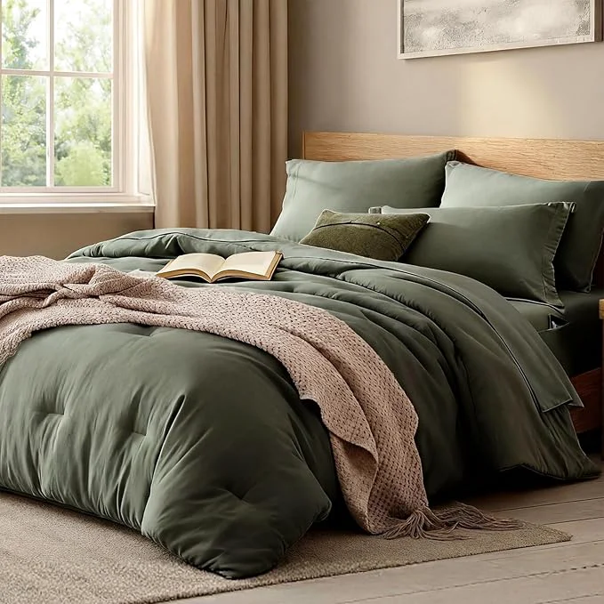Fast WRENSONGE King Size Comforter Set- 7 Pieces Soft Olive Green Bed in a Bag King with Fitted Sheet Flat Sheet 2 Pillow Shams and 2 Pillowcases-Warm King Bedding Set for All Season Classic