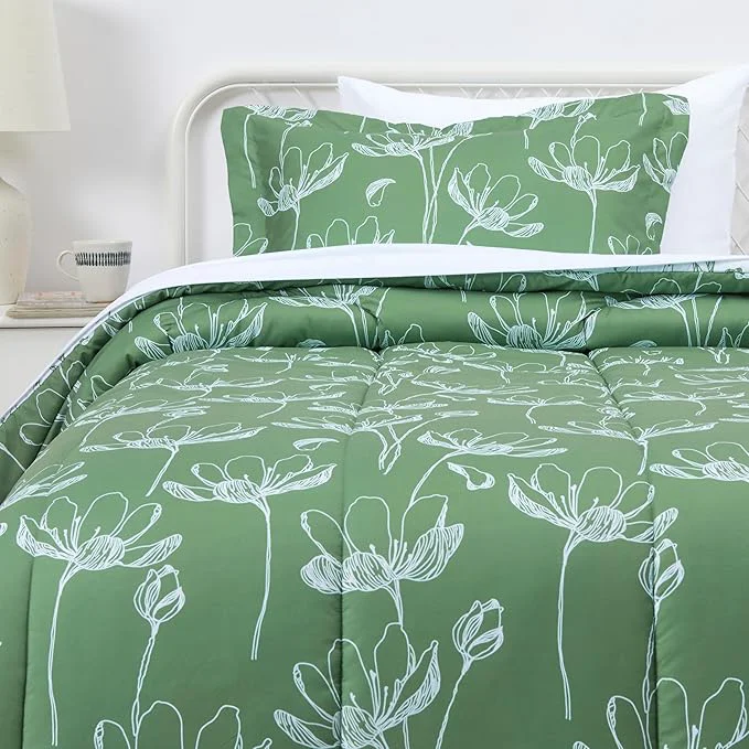 Elite Amazon Basics Lightweight Microfiber Comforter Sets 5 Pieces Green Floral Twin Twin XL Fashionable