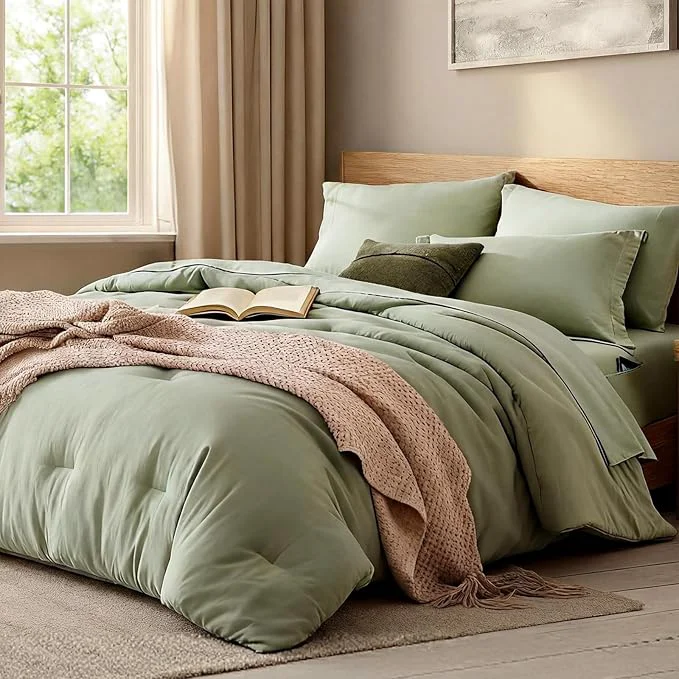 Next-Generation WRENSONGE Full Size Comforter Set- 7 Pieces Sage Green Bed in a Bag Full Size Comforter with Fitted Sheet Flat Sheet 2 Pillow Shams 2 Pillowcases Warm Bedding Sets for All Season Luxury