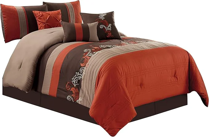 Superior Chezmoi Collection Napa 7-Piece Luxury Autumn Leaves Scroll Embroidery Bedding Comforter Set Queen Rust Orange Brown Taupe Relaxed