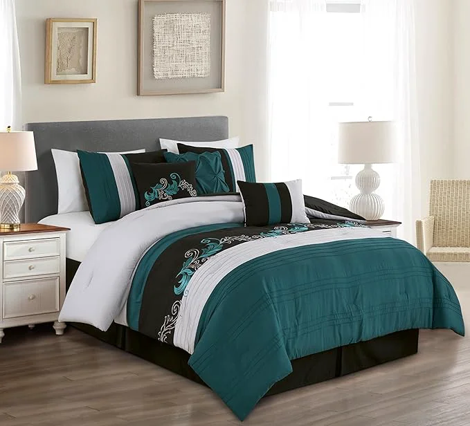 Practical Chezmoi Collection Napa 7-Piece Luxury Leaves Scroll Embroidery Bedding Comforter Set California King Teal Black Gray First-Class