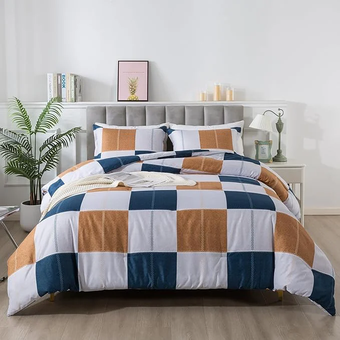 Refined Caressma Plaid Checkered Comforter Set Navy and Gray Fluffy Geometric Grid Buffalo King Size 3 Pieces Comforter Set with Two Matching Pillow Shams Long-Lasting