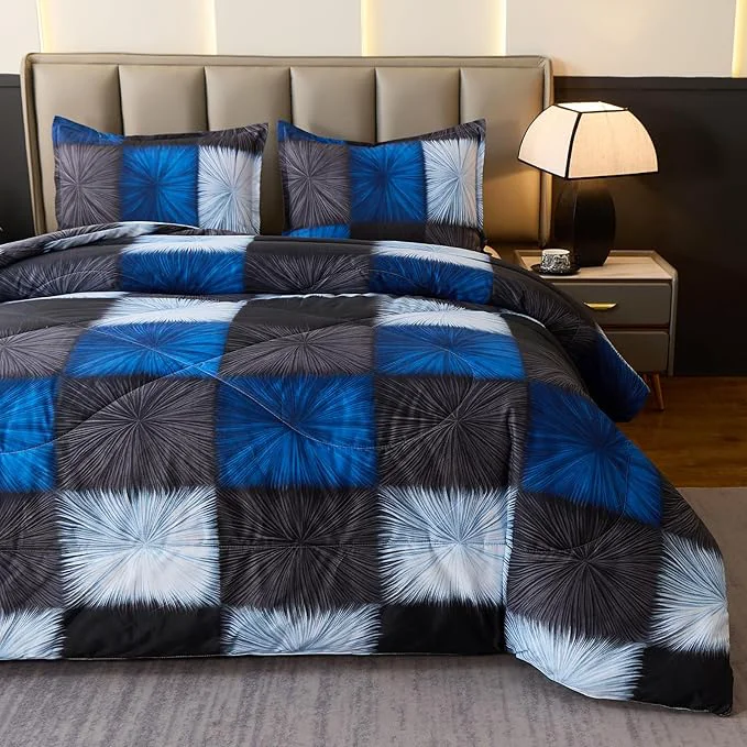 High-Performance Caressma Plaid Comforter Set Black and Navy Blue Twin Size Black and White Checkered Comforter Bedding Set Fluffy Black Grid Home Decor for All Seasons Fine Crafted
