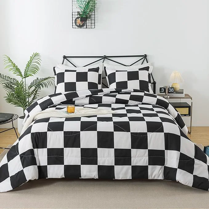 Natural Caressma Black White Comforter Set Full Size 3 Pieces Buffalo Plaid Comforter Bedding Set Checkered Grid Fluffy Home Decor for All Seasons Soft