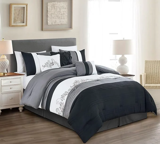 Optimized Chezmoi Collection Napa 7-Piece Luxury Leaves Scroll Embroidery Bedding Comforter Set King Black Gray White Smooth