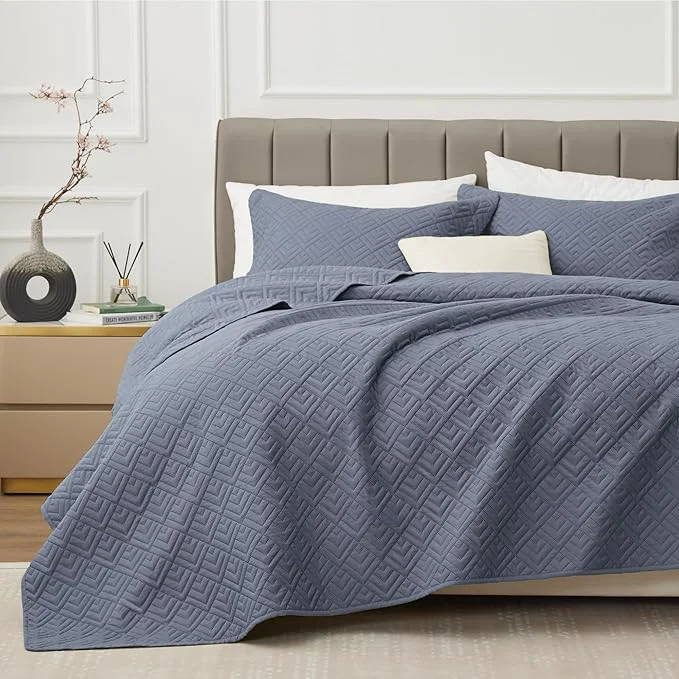 Clean EXQ Home Quilt Set Full Queen Size Blue 3 Piece Lightweight Soft Coverlet Modern Style Squares Pattern Bedspread Set for All Season 1 Quilt 2 Pillow Shams Functional