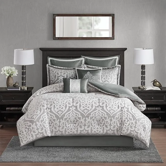 Quality Madison Park Odette Cozy Comforter Set Jacquard Damask Medallion Design - Modern All Season Down Bedding Shams Decorative Pillows Queen 90 in x 90 in Silver 8 Piece Prestigious