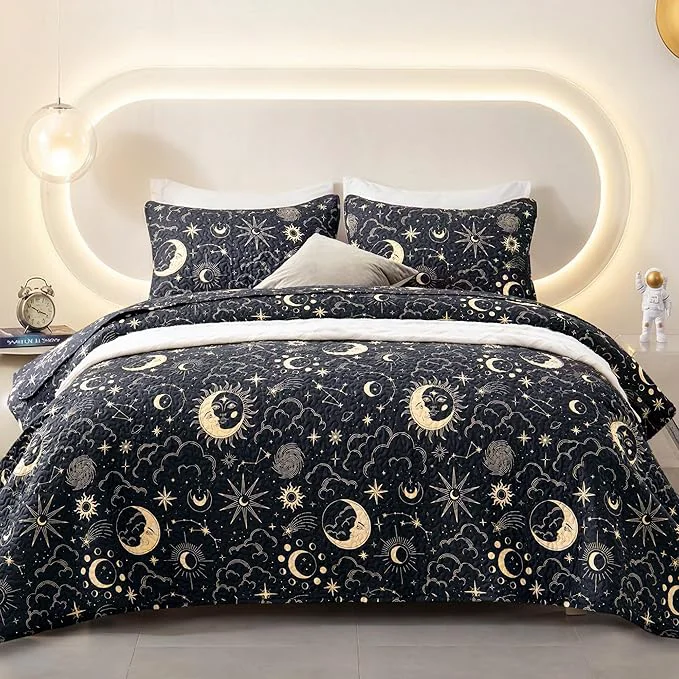 Sustainable EXQ Home Quilt Set Twin Size Black Print 3 Piece Lightweight Soft Coverlet Modern Style Sun Starry Pattern Bedspread Set 1 Quilt 1 Pillow Sham Crafted