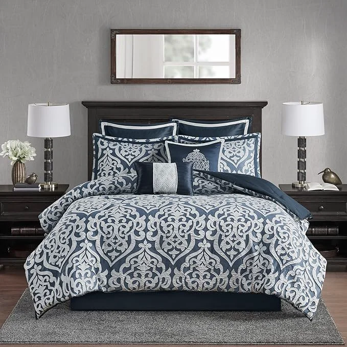 Official Madison Park Odette Cozy Comforter Set Jacquard Damask Medallion Design - Modern All Season Down Bedding Shams Decorative Pillows King 104 in x 92 in Navy 8 Piece Quality