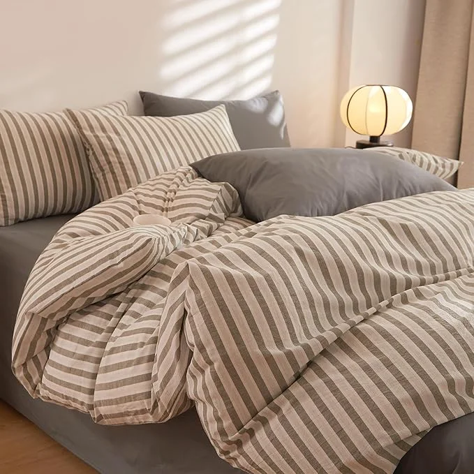 Enhanced Grey Striped King Size Comforter Set Down Cozy Bedding Set Fluffy Washed Cotton All Season Boho Bedding Comforter Sets Washable Soft Vintage Cute Bed Comforter with 2 Pillowcases Original Design