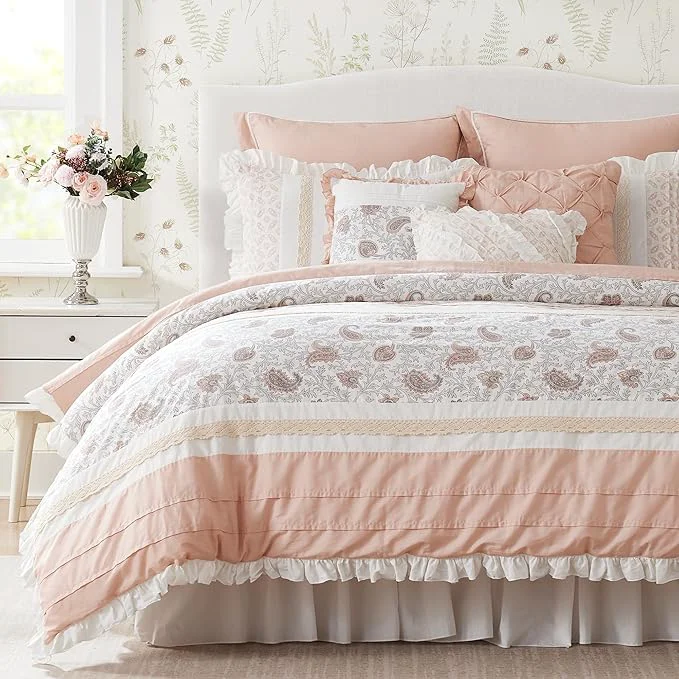 Smart Madison Park Dawn Cotton Shabby Chic Comforter Set-Modern Cottage Design All Season Down Bedding Matching Shams Bedskirt Decorative Pillows Cal King 104 quot x92 quot Blush 9 Piece Optimized