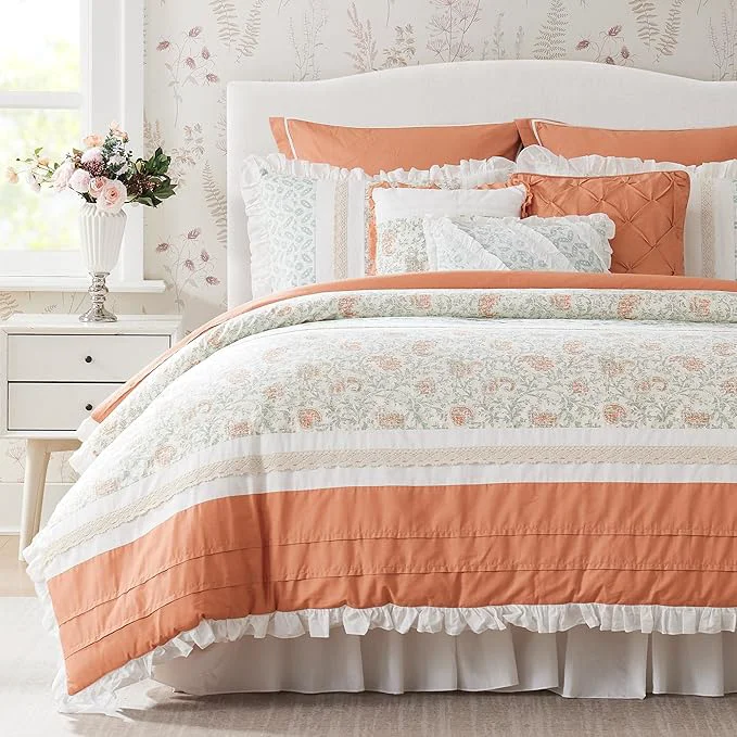 Exceptional Madison Park Dawn Cotton Shabby Chic Comforter Set-Modern Cottage Design All Season Down Bedding Matching Shams Bedskirt Decorative Pillows King 104 quot x92 quot Coral 9 Piece Trusted