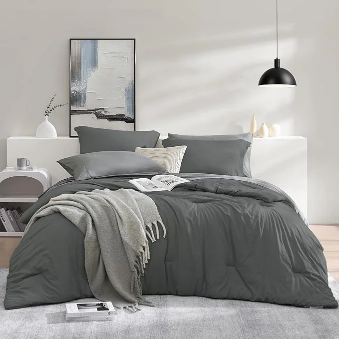 Secure WRENSONGE Queen Comforter Set- 7 Pieces Soft Grey Bed in a Bag with Fitted Sheet Flat Sheet 2 Pillow Shams and 2 Pillowcases- Warm Bedding Sets Queen for All Season Superior