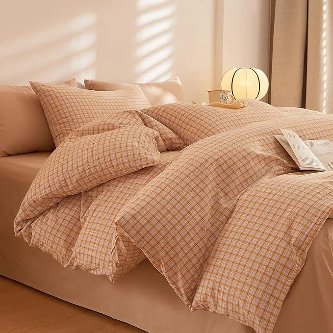Elite Plaid King Size Comforter Sets Washed Cotton Boho Bedding Set Down Cozy Fluffy Aesthetic Bedding Comforter Sets Soft All Season Farmhouse Comfy Bed Comforter with 2 Pillowcases Lightweight
