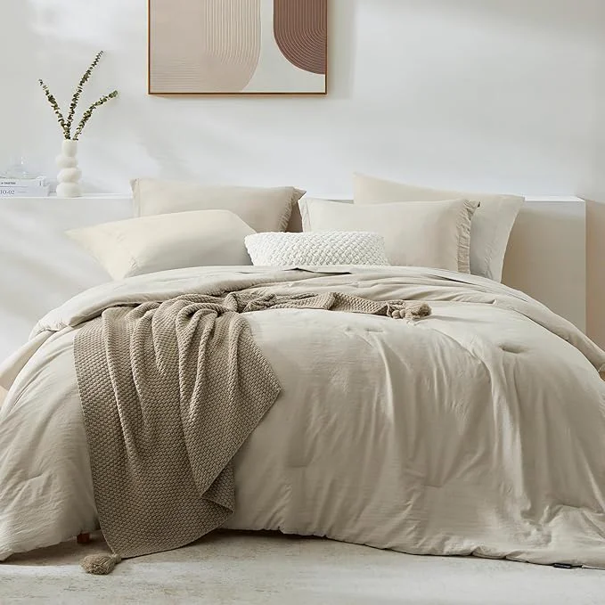 World-Class WRENSONGE Oversized Queen Comforter Set - 7 Pieces Light Oatmeal Bed in a Bag Queen with Sheets 2 Pillow Shams and 2 Pillowcases- Warm Bedding Sets Queen for All Season Responsible