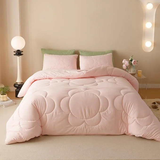Green Cottonight Pink Sunflower Comforter Set Full Blush Pink Floral Bedding Set Women Girls Boho Farmhouse Chic Blanket Quilts Soft Breathable Baby Pink Full Size 3 Piece Bedding Set for Full Bed Elite