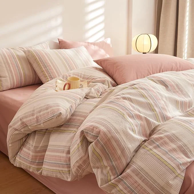 Healthy Pink Striped Comforter Twin XL Boho Down Bedding Set Washed Cotton Cozy Fluffy Cute Bedding Comforter Sets Chic Soft Breathable Vintage Bed Comforter with 2 Pillowcases Professional