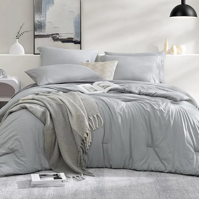 Selected WRENSONGE Full Size Comforter Sets- 7 Pieces Soft Light Grey Bed in a Bag with Fitted Sheet Flat Sheet 2 Pillow Shams 2 Pillowcases Warm Bedding Sets for All Season Expertly Made