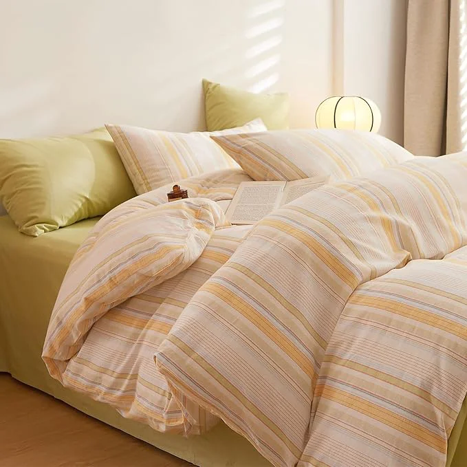 Green Yellow Striped King Bed Comforter Fluffy Boho Bedding Set Down Washed Cotton Rustic Soft Bedding Comforter Sets Cozy Cute All Season Bedroom Bed Comforter with 2 Pillowcases Convenient