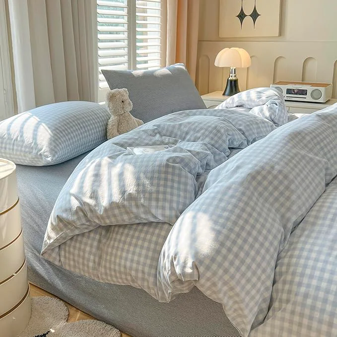 Authentic Blue Gingham King Comforter Set Down Washed Cotton Bedding Set Boho Fluffy Cozy Cute Bedding Comforter Sets Soft All Season Farmhouse Plaid Bed Comforter with 2 Pillowcases Fast