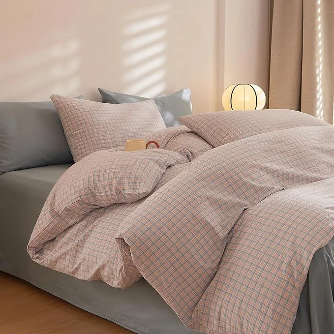 Smart Plaid Queen Size Bed Comforter Boho Down Bedding Set Puffy Washed Cotton Fluffy Cozy Bedding Comforter Sets Cottage Core Soft Farmhouse Aesthetic Bed Comforter with 2 Pillowcases Exclusive