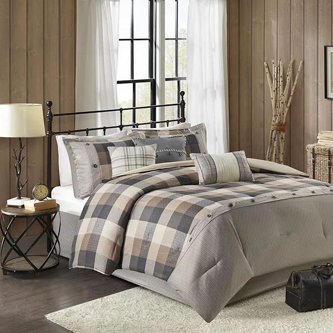Fashionable Madison Park Ridge Comforter Set-Cabin Lodge Plaid Herringbone Design All Season Down Cozy Bedding with Matching Bedskirt Shams Decorative Pillow King 104 quot x92 quot Neutral 7 Piece Prestigious