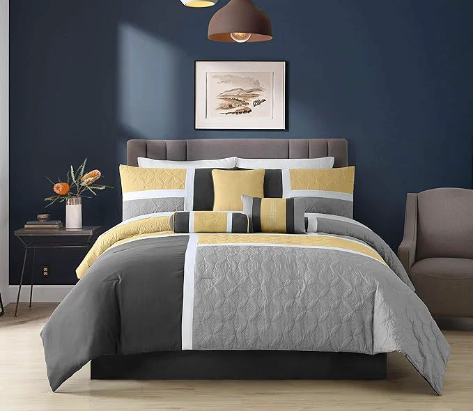 Expertly Made Chezmoi Collection Upland 7-Piece Quilted Patchwork Comforter Set Yellow Charcoal Gray Full High-End