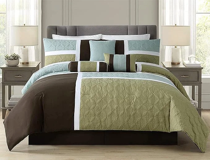 Trendy Chezmoi Collection 7-Piece Quilted Patchwork Comforter Set Coffee Brown Aqua Blue Sage Green King Classic