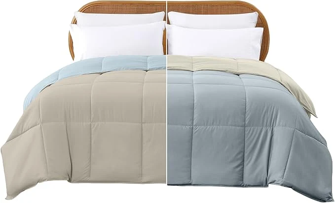 Natural Modern Threads Down Reversible Comforter Beige Light Blue Queen Minimalist