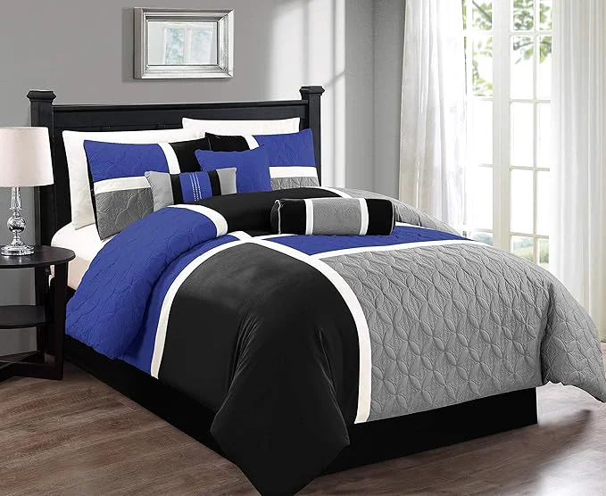 World-Class Chezmoi Collection Upland 7-Piece Quilted Patchwork Comforter Set Blue Black Gray King Optimized
