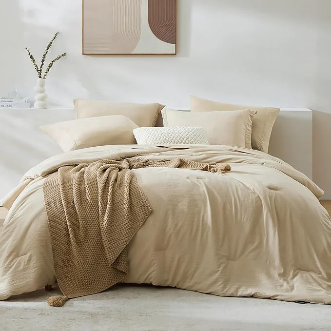 World-Class WRENSONGE King Size Comforter Set 7 Pieces Beige Soft Bed in a Bag King with Fitted Sheet Flat Sheet 2 Pillow Shams and 2 Pillowcases- Warm Bedding Set for All Season Healthy
