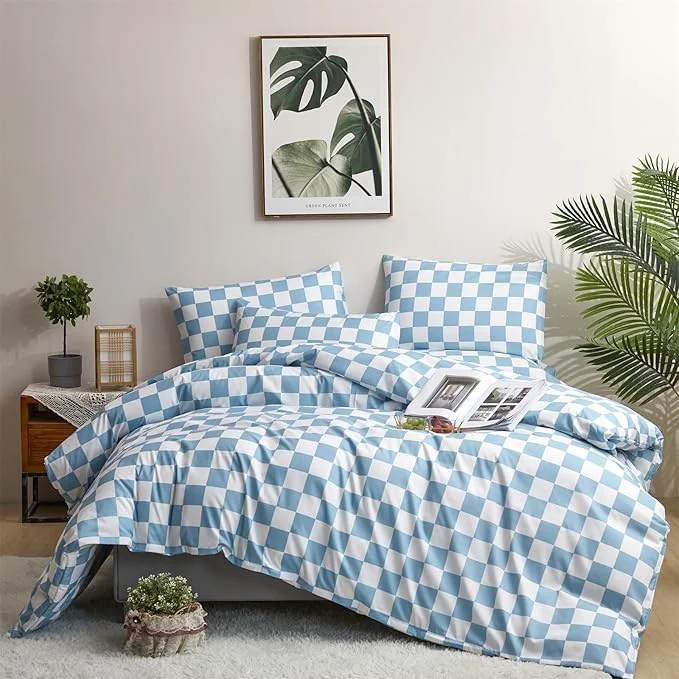 Official Houseri Light Blue White Plaid Twin Size Comforter Sets Boys Girls Kids Baby Blue Buffalo Checkered Bedding Set Twin Aqua Blue Grid Checkerboard Bedding Comforter Preppy Dorm Check Comforters Twin High-Quality